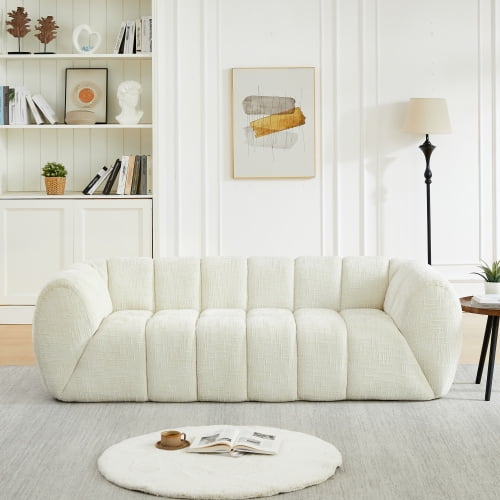 Modern Chenille 3-Seater Cloud Sofa, Deep Seat Quilted Cushion Sofa with Checkered Pattern and Curved Armrests for Living Room, Apartment, Beige