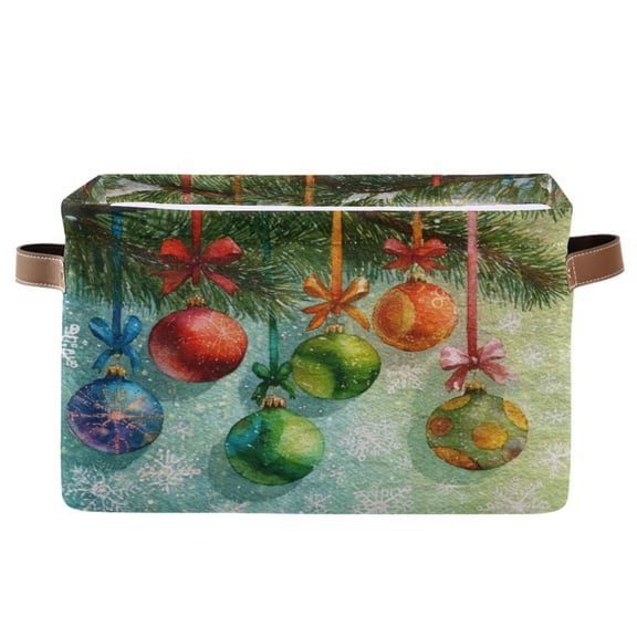1-Pack Square Closet Organizers with Handles Open Basket Bins Christmas Ornaments Watercolor Painting Storage Basket for Home Office