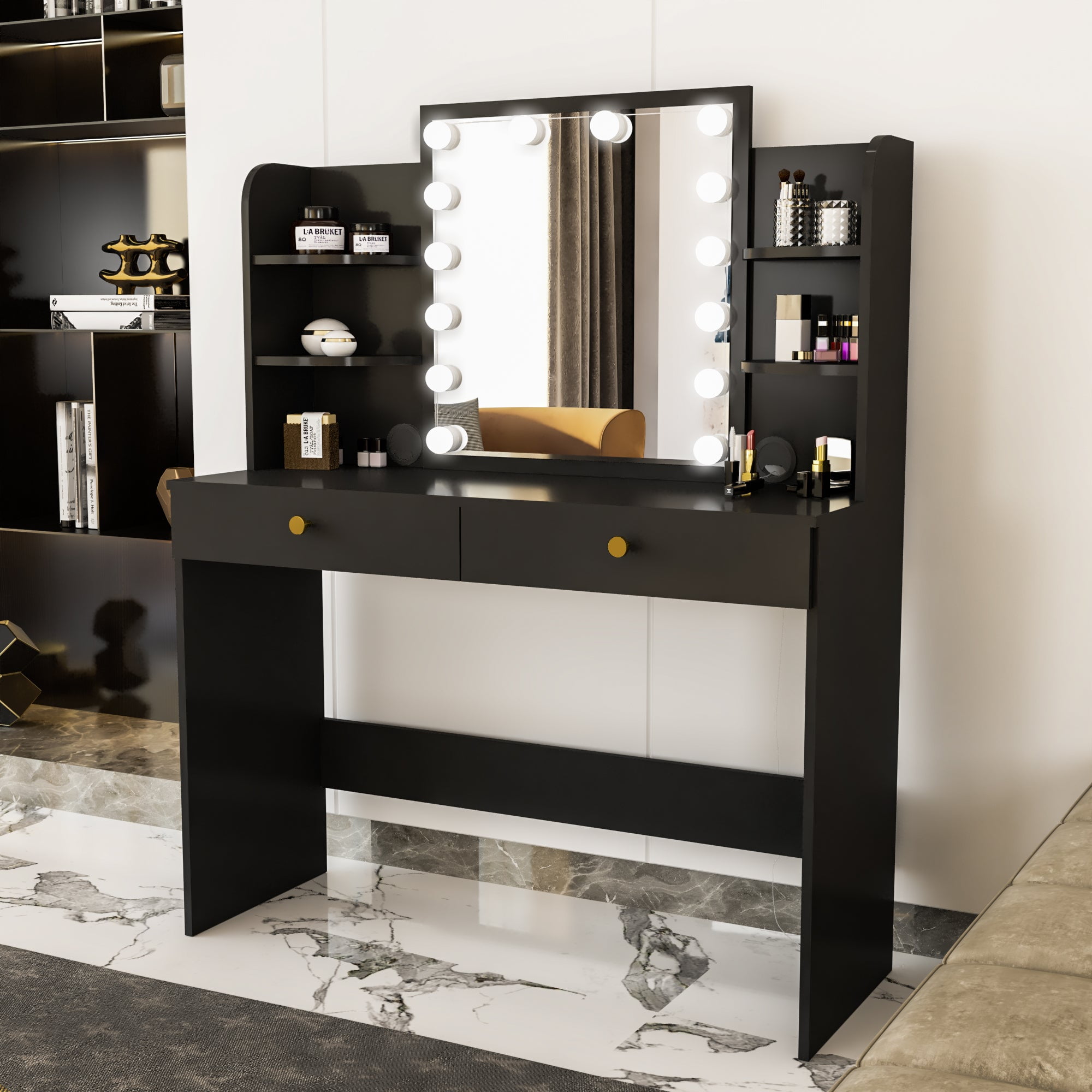 Boahaus Sophie Modern Vanity Set Lights 2 Drawers 6 Shelves Golden