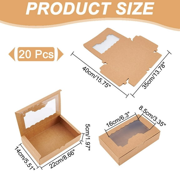 20pcs Folding Kraft Paper Mini Cake boxes with Visible Window Cupcake Gift Package Supplies Rectangle BurlyWood 14x22x5cm