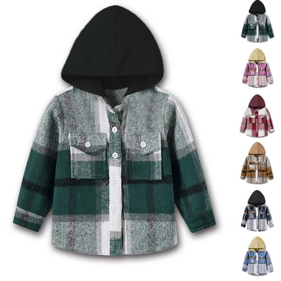 Bovxnpu Toddler Boys Girls Fall Winter Jacket, Boys Hooded Fleece Jacket Zipper Coat, Hooded Long Sleeved Brushed Plaid Shirt Jacket