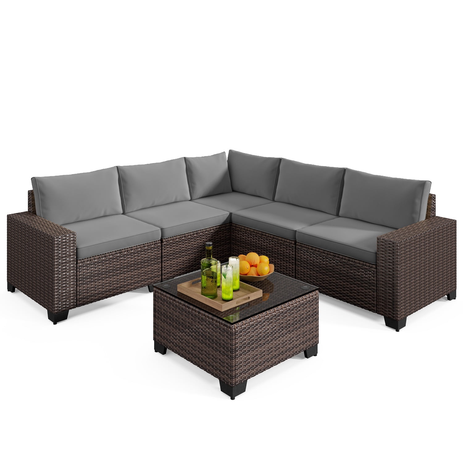Patio Furniture Set on Sale, Asofer 6-PCS Outdoor Sectionals with Rattan Sofa & Thickened Cushions & Coffee Table for Garden, Backyard, Gray