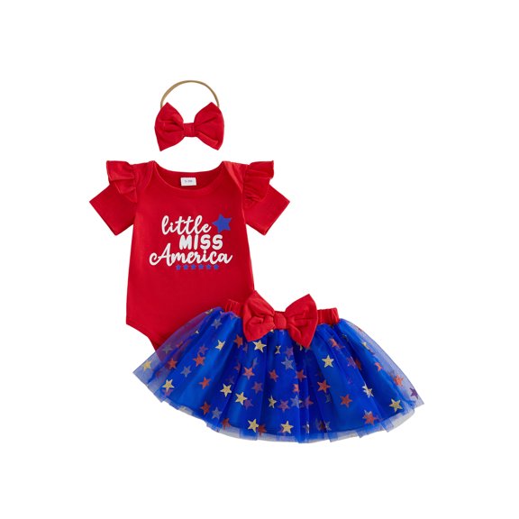 BemeyourBBs Toddler Baby Girl My First 4th of July Outfits Patriot Independent Summer Clothes 0 3 6 9 12 18 Months Letter Star Print Ruffle Short Sleeve Romper and Tulle Tutu Skirt Headband Set