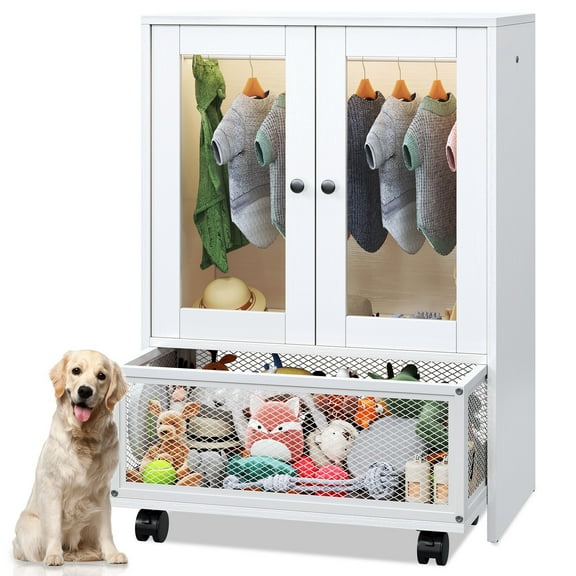 SAEWUD Wooden Pet Wardrobe Dog Clothes Storage Cabinet with Moveable Drawer – Pet Clothing Organizer for Dogs & Cats, Bedroom or Living Room
