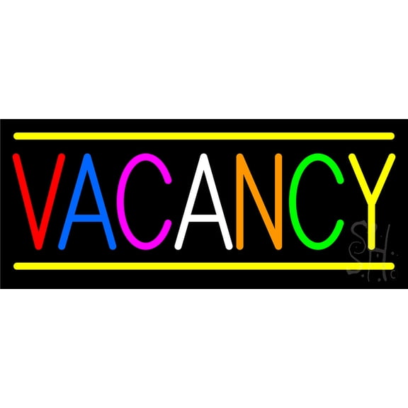 Multi Colored Vacancy With Yellow Border LED Neon Sign 6 x 15 - inches, Black Square Cut Acrylic Backing, with Dimmer - Bright and Premium built indoor LED Neon Sign for Defence Force.