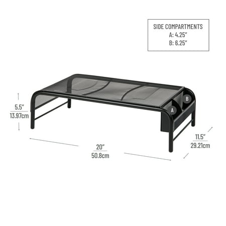 Mind Reader - Monitor Stand, Ventilated Laptop Riser, Desktop Organizer, Side Storage, Metal Mesh, 20"L x 11.5"W x 5.5"H - Black