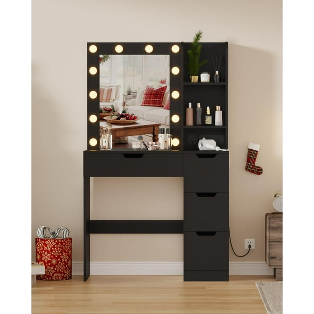 Vanity Desk with Mirror and Lights - Makeup Vanity Desk with 4 Drawers, Built-in Power Outlet & USB, Adjustable LED Lighting, Makeup Table for Bedroom