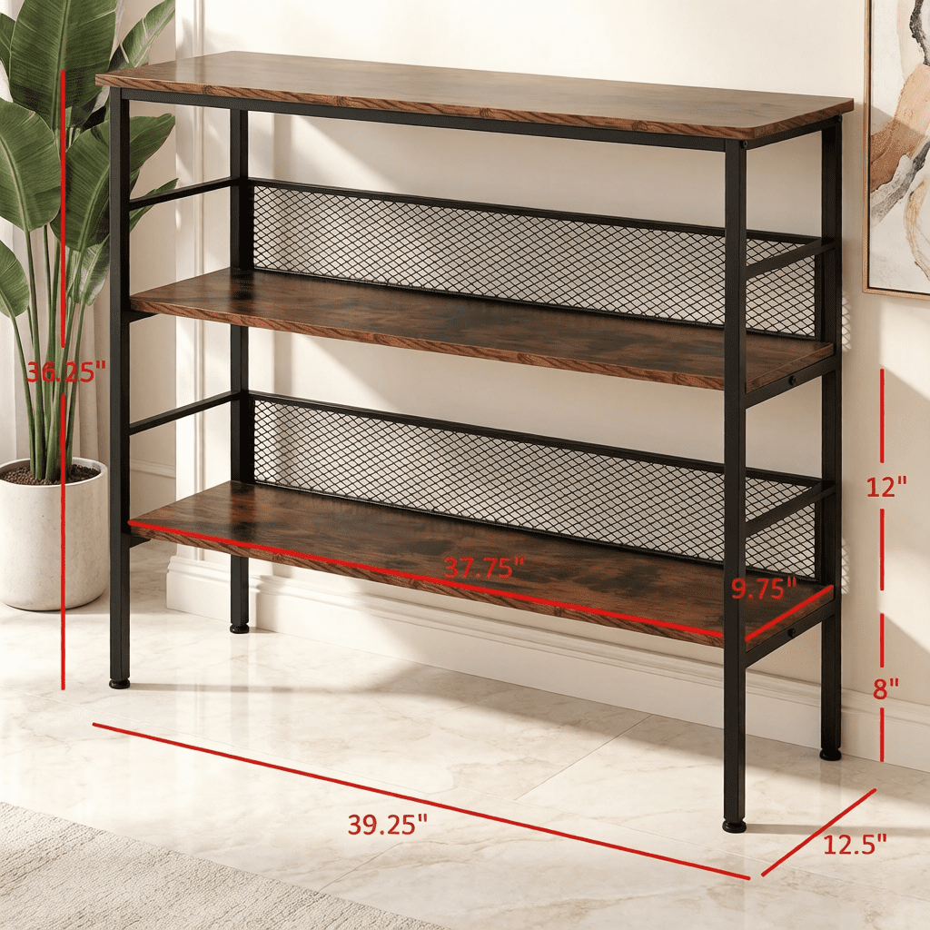 3-Tier Industrial Open Storage Shelving Unit, Brown & Black Standing Display Rack with Anti-Fall Metal Back Panels, Adjustable Feet Organizer for Living Room Study
