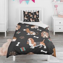 Basset Hounds with Bones and Presents Duvet Cover and Pillowcase Set for Single Bedding, Bedroom Accessories for Kids Teens