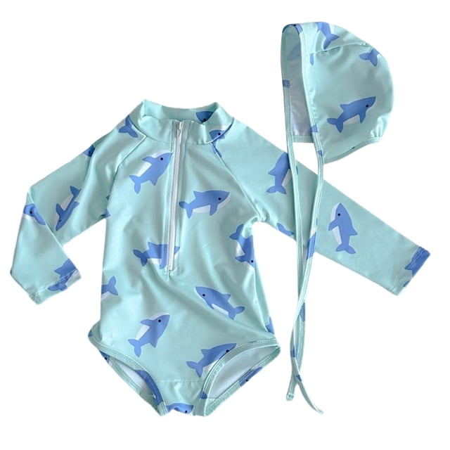Long Sleeve Sun Protection Swimsuit for Kids, Quick Dry Polyester Fabric, Printed Design, Includes Matching Swim Hat, for Beach or Indoor Swimming
