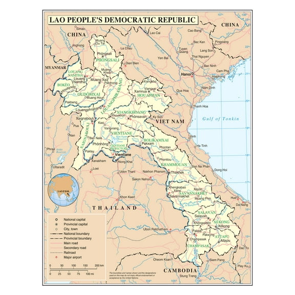 Palmetto Posters 24x31 Laminated Poster: Large detailed political and administrative map of laos with roads railroads cities and airports