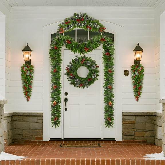 Christmas Wreath and Garland Set of 6, PreLit LED Artificial Christmas Décor with One Xmas Wreath and Arc Garland, 2 PCS of Garlands and Teardrop Garlands LED Lights Holiday Christmas 6-Piece Set