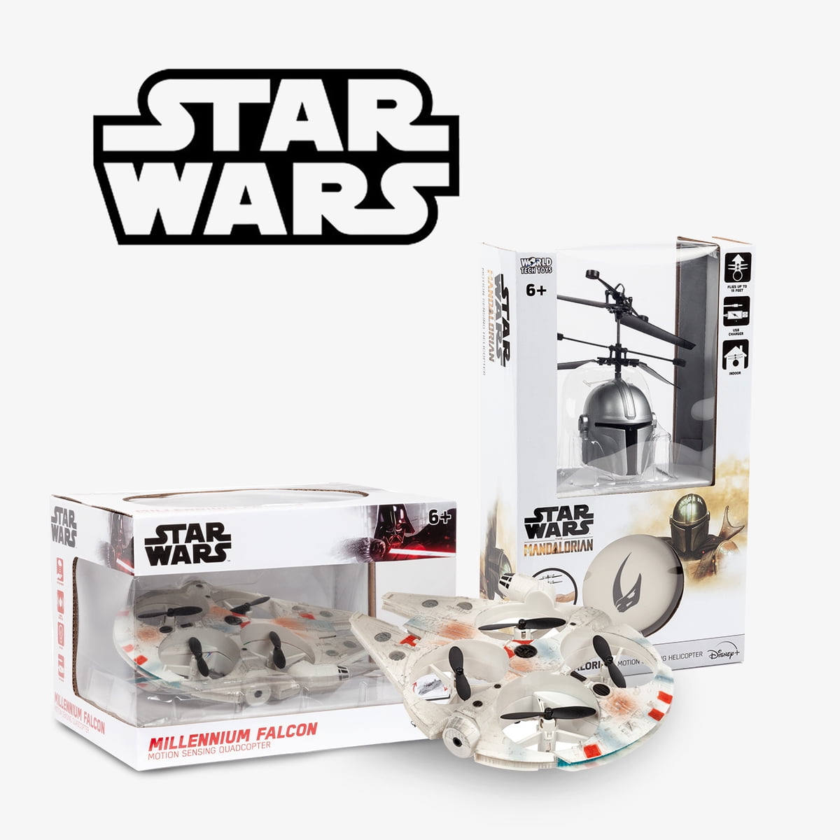 World Tech Toys: Star Wars Mandalorian Flying Figure Helicopter & Millennium Falcon Drone, 2 Piece