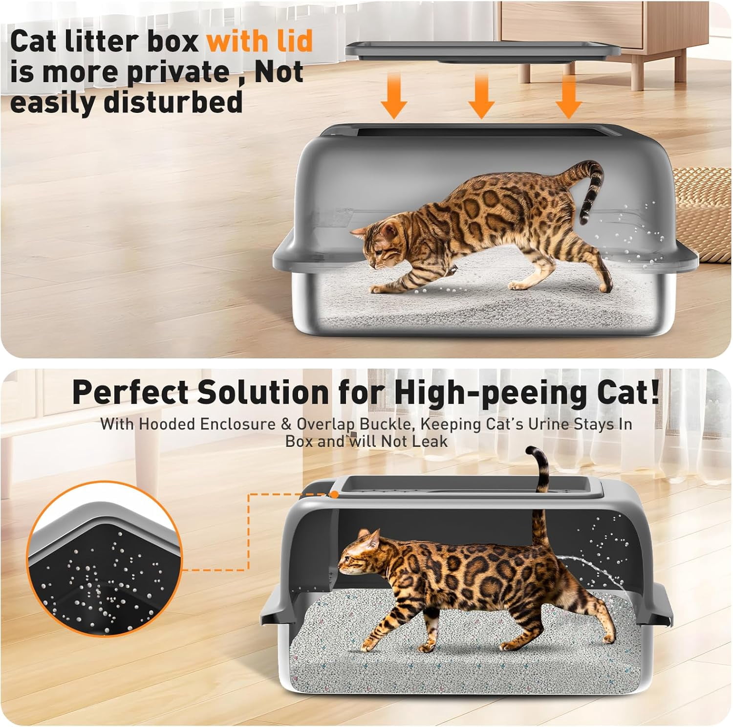 Stainless Steel Litter Box Large Metal Cat Litter Box with Lid Metal Litter Box High Wall Sides Enclosure,Non-Sticky,Anti-Leakage,Easy Cleaning
