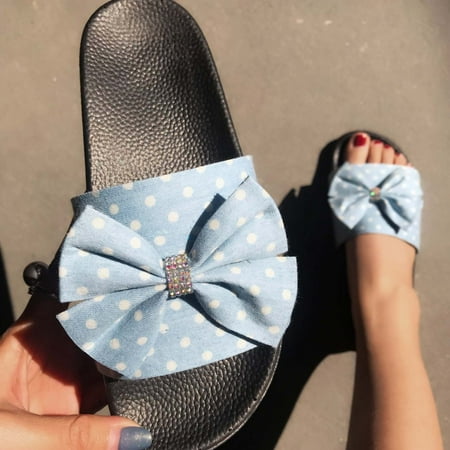 

Fjofpr Women Shoes Clearance Summer Denim Polka Dot Shoes One-Word Butterfly Rhinestone Slippers