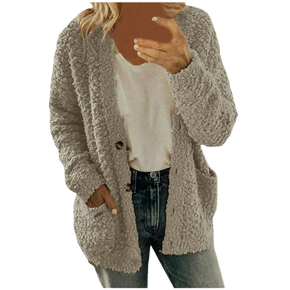 Sweaters for Women Fleece Solid Color Long Sleeve Button Down Fuzzy Cozy Outwear Winter Coats for Women