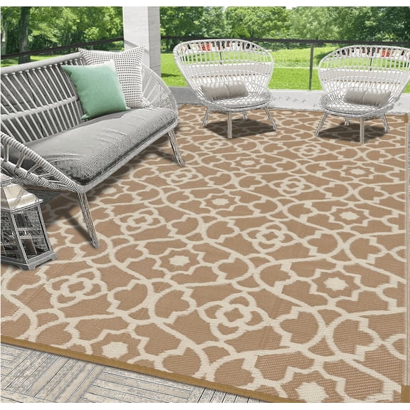 MeyJey Outdoor Rug, 6'x9' Reversible Waterproof Area Rug, Plastic Mat for RV Patio Camping, Brown