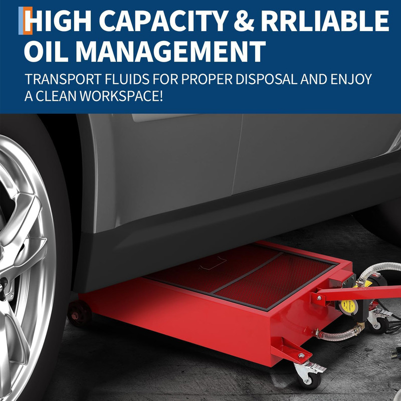 Low Profile 110V Oil Drain Pan, 20-Gallon Metal Oil Change Pan Cart with 180W Electric Pump, 8-Foot Hose,Folding Handle Design for Cars, SUVs, Trucks