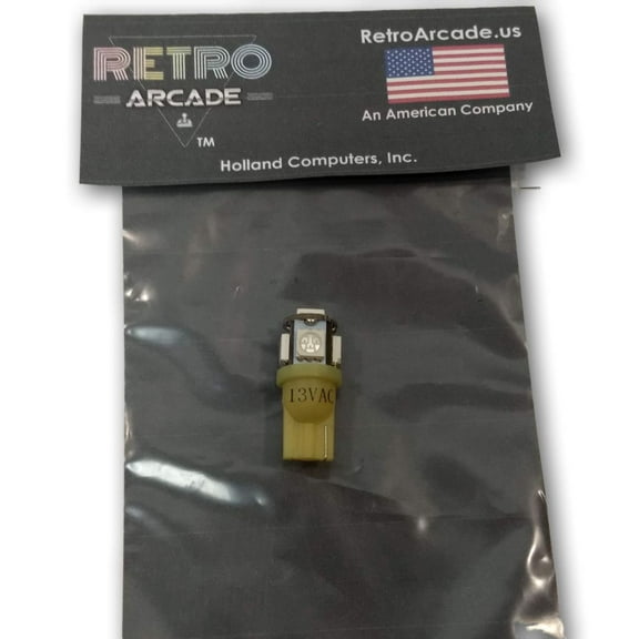 Pinball replacement bulb LED 13 volt AC, 5050 wedge base T10 5-SMD Yellow
