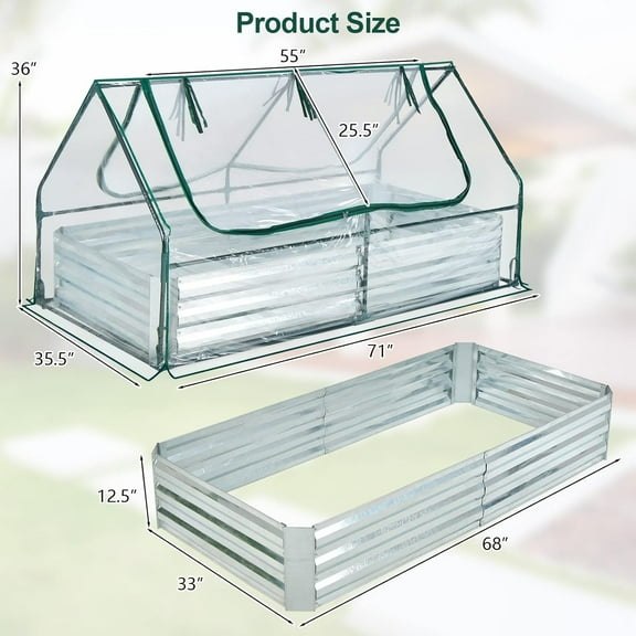 HYYOP Raised Garden Bed with Cover, Galvanized Metal Planter Box Kit w/2 Large Zipper Mesh Screen Windows, Outdoor Raised Beds for Gardening, Flowers, Vegetables (Silver)