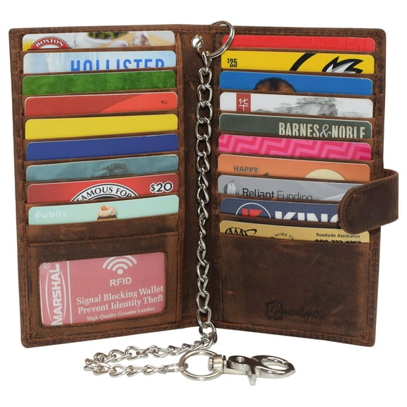 Men's RFID Blocking Vintage Leather Bifold Credit Card Holder Chain Biker Wallet with Button Closure