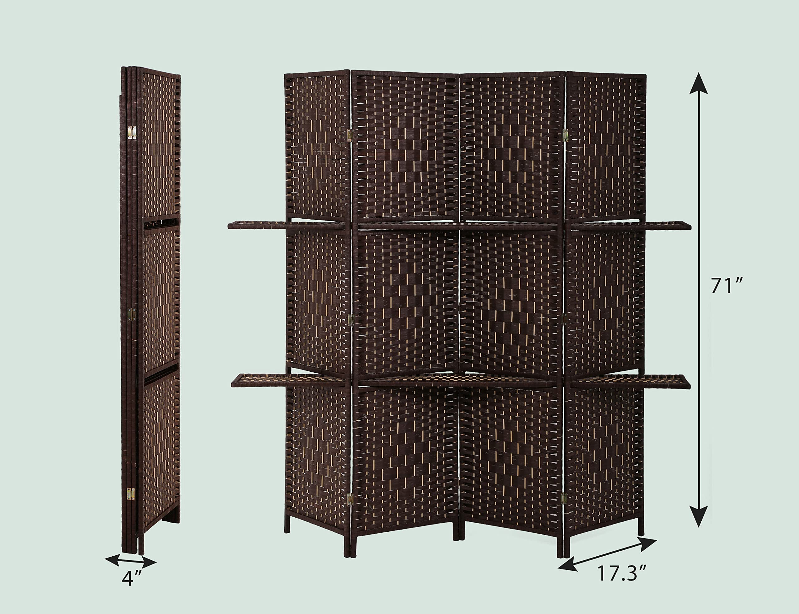 CL.HPAHKL 4 Panel Folding Wooden Room Divider, 5.88ft Tall Partition Screen with Removable Storage Shelves, Freestanding Portable Wall for Home Office Dorm Hotel, Brown