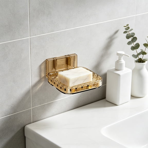Gallickan No Drilling Wall Mounted Soap Dish, Clear PET Soap Holder with Drainage for Bathroom Shower, Self-Adhesive, Gold