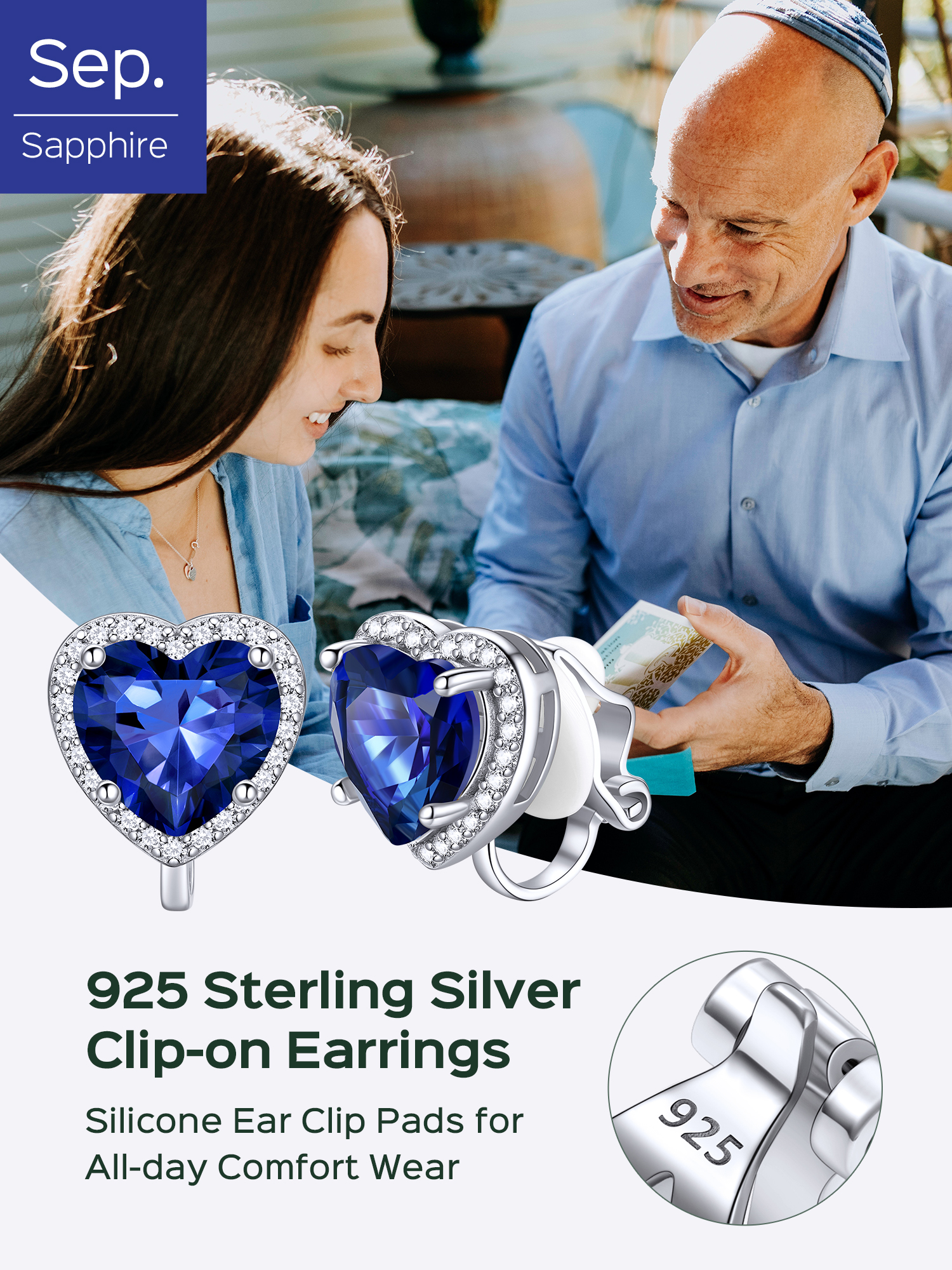 ChicSilver 925 Sterling Silver Non-Pierced Stud Earrings September Birthstone Clip-on Earrings for Women