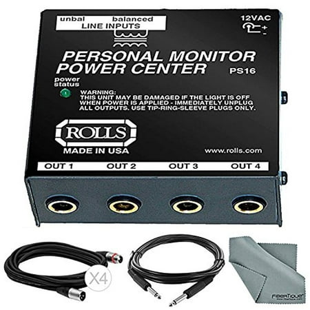 Rolls PS16 Personal Monitor Power Center and Accessory Bundle w/ Xpix XLR & 1/4 TRS Cables + Fibertique