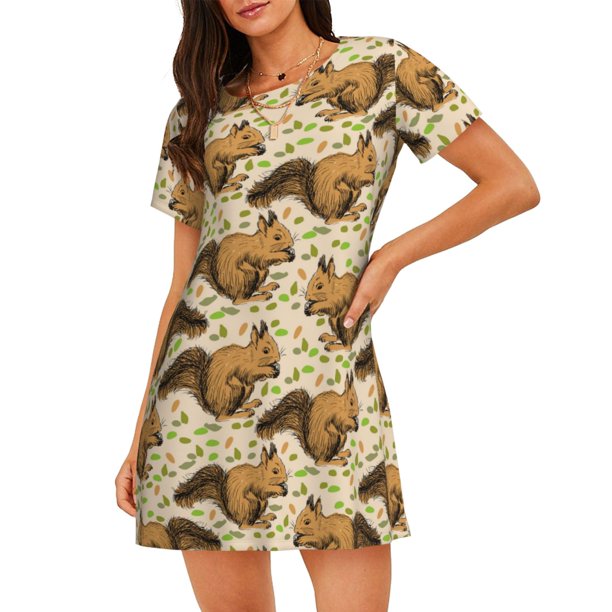 Balery Retro Squirrel Camisón de manga corta con cuello redondo para mujer, cómodo y elegante.