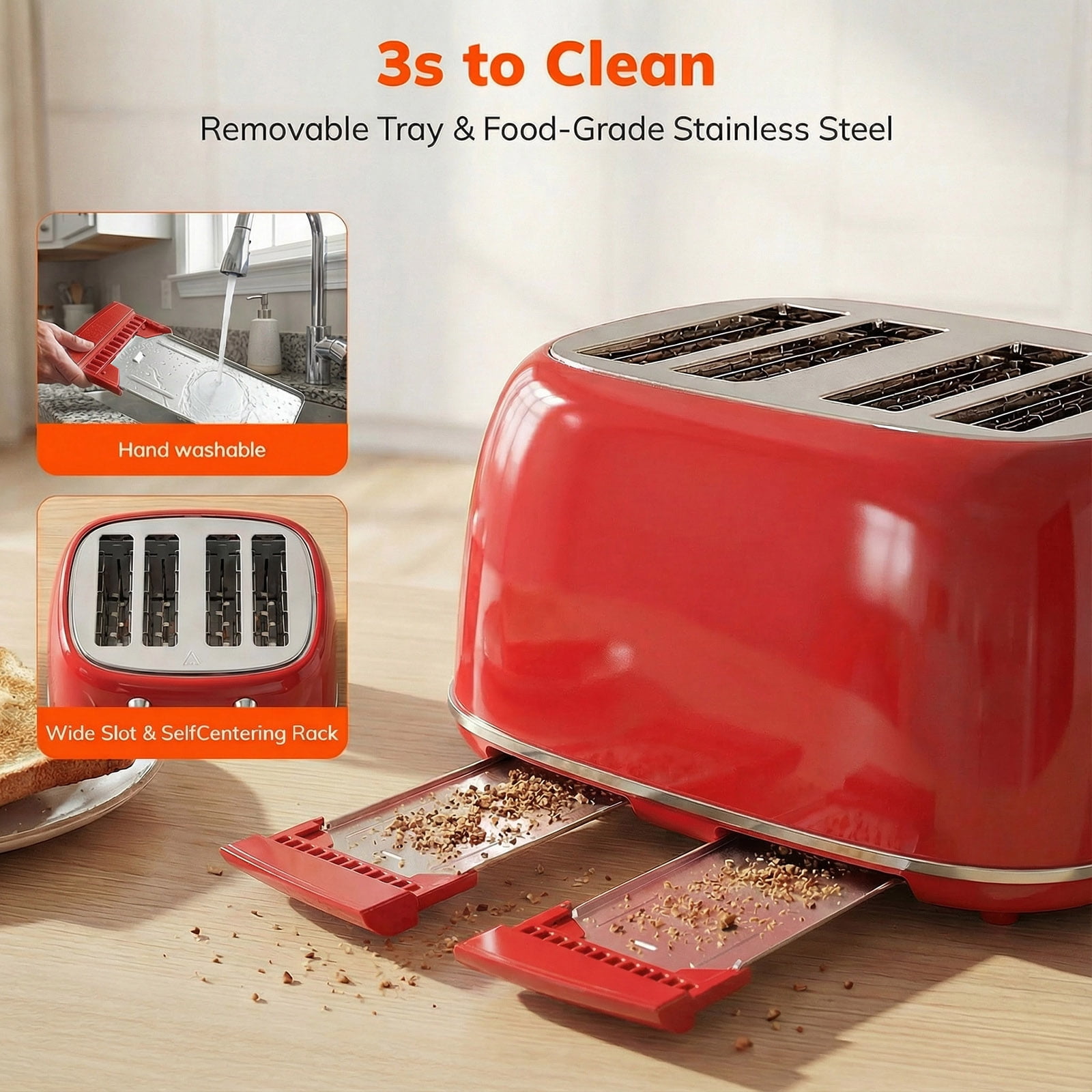 NICWIN 4 Slice Toaster, Extra Wide Slots Bread Toaster, Toast Shade Selector, Defrost & Reheat Functions for Kitchen Apartment Essentials, Red