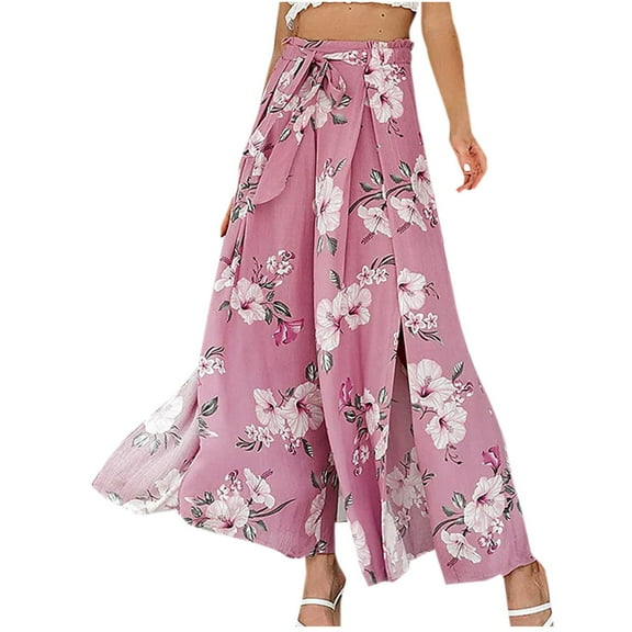 Boho Floral Wide Leg Pants for Women Summer Casual High Waisted Flowy Split Front Beach Palazzo Pants with Pockets