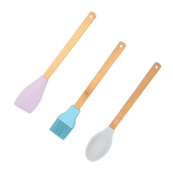 WHAMVOX 3pcs Baking Tools Heat Resistant Silicone Spatula Scraper Spoon Brush Set Kitchen Utensil with Wood Handle (Random Color)