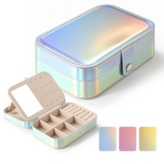LazySpin Mini Travel Jewelry Box Case with Mirror, Jewelry Bag Organzier for Women, Sliver