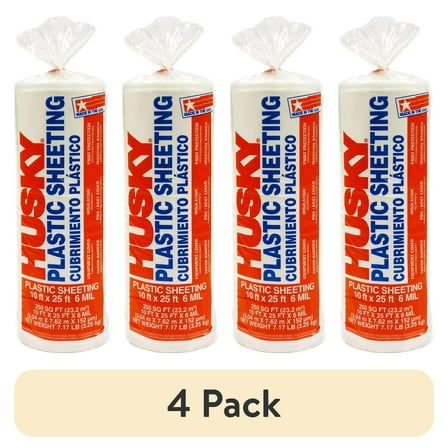 (4 pack) Husky 6 Mil Heavy Duty Clear Plastic Sheeting, 10 ft. x 25 ft.