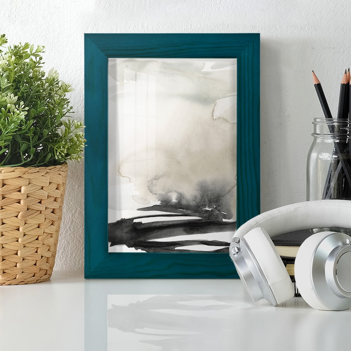 Ebony Horizon Triptych I - Framed Print w/glass - Ocean Blue