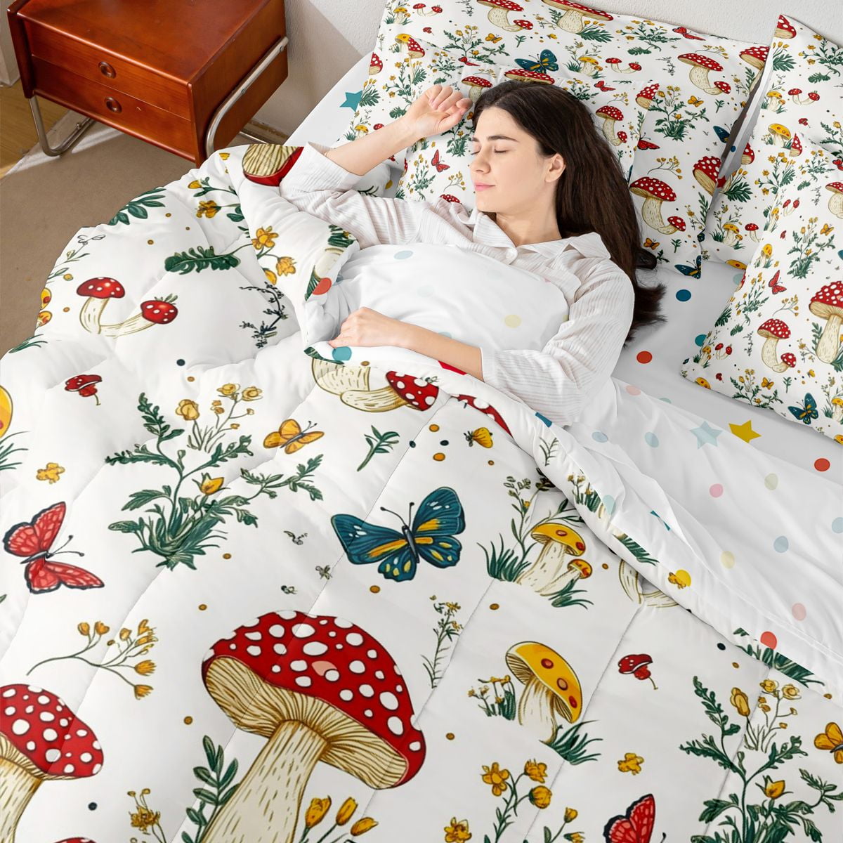 Homewish Cartoon Red Mushroom 7pcs Bedding Comforter Set For Kids Teens Female Girls,Flying Colorful Butterflies Queen Bedding Sets Super Cozy,Botanical Plants Queen Sheet Sets