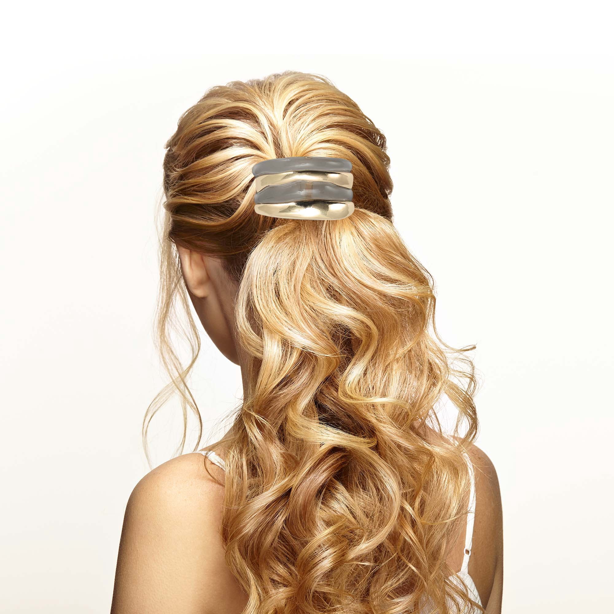 Unique Bargains Horizontal Stripes Ponytail Buckle Hair Clip for Women Gold Tone, Gray