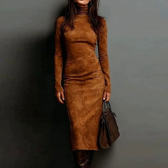 BLTIBY Women's Suede Bodycon Midi Dress Long Sleeve Ruched Elegant Cocktail Party Vintage Dresses Smocked Solid Western Turtleneck Dress Brown S