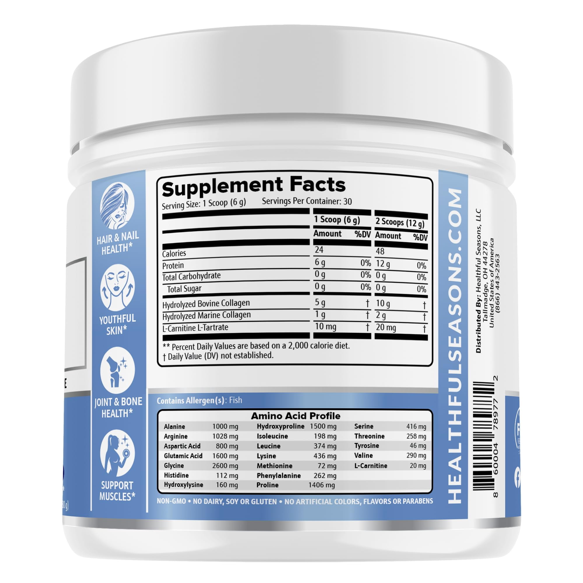 Healthful Seasons Multi Collagen Peptides Powder with L-Carnitine Hydrolyzed Protein for Hair Skin Nails Joints Unflavored 1-Count