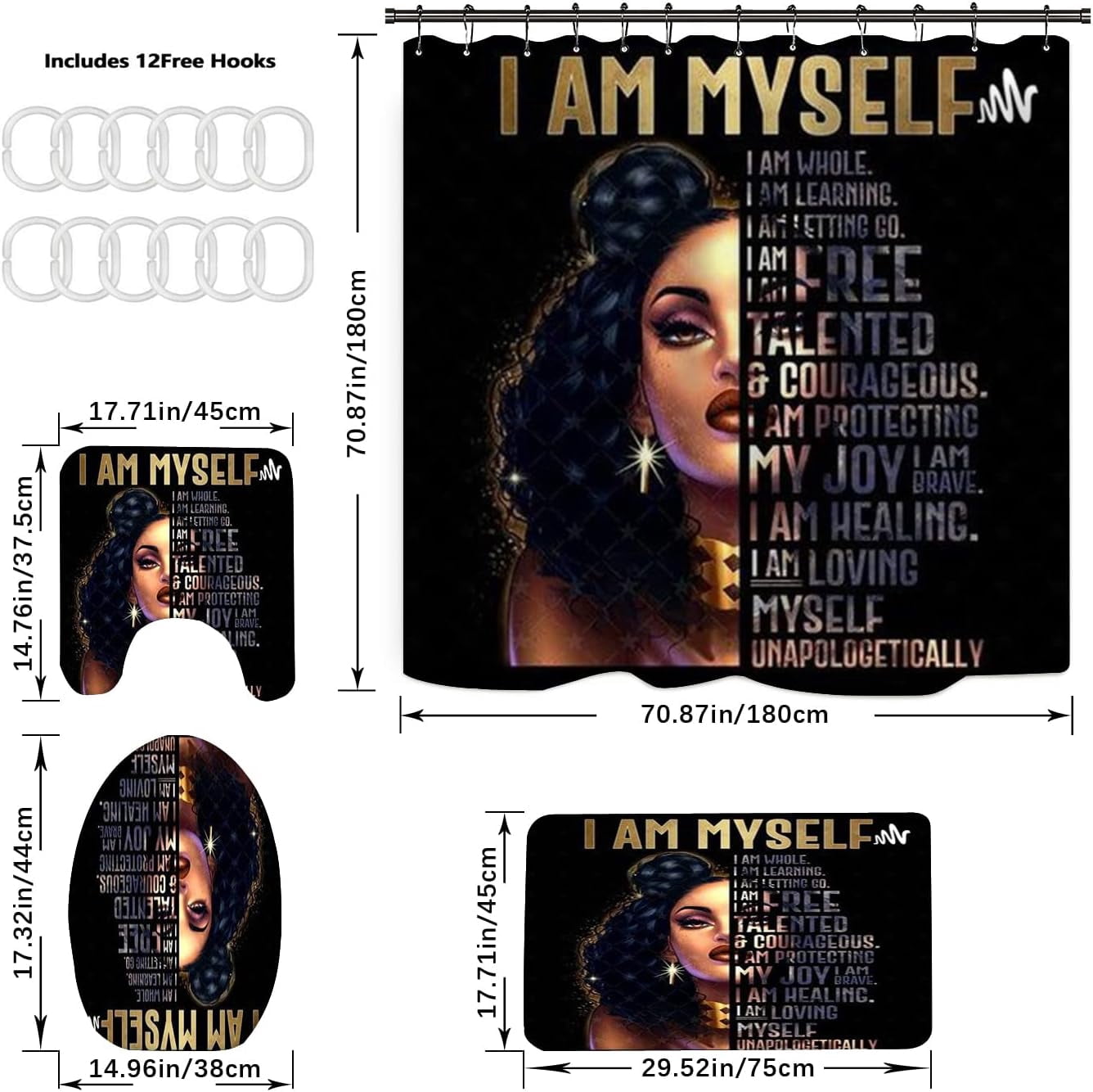 Paris View Sexy Black Woman Shower Curtains for Bathroom, African American with Pink Roses Bathroom Sets with Shower Curtains and Rugs, Eiffel Tower Afro Woman Bath Curtains