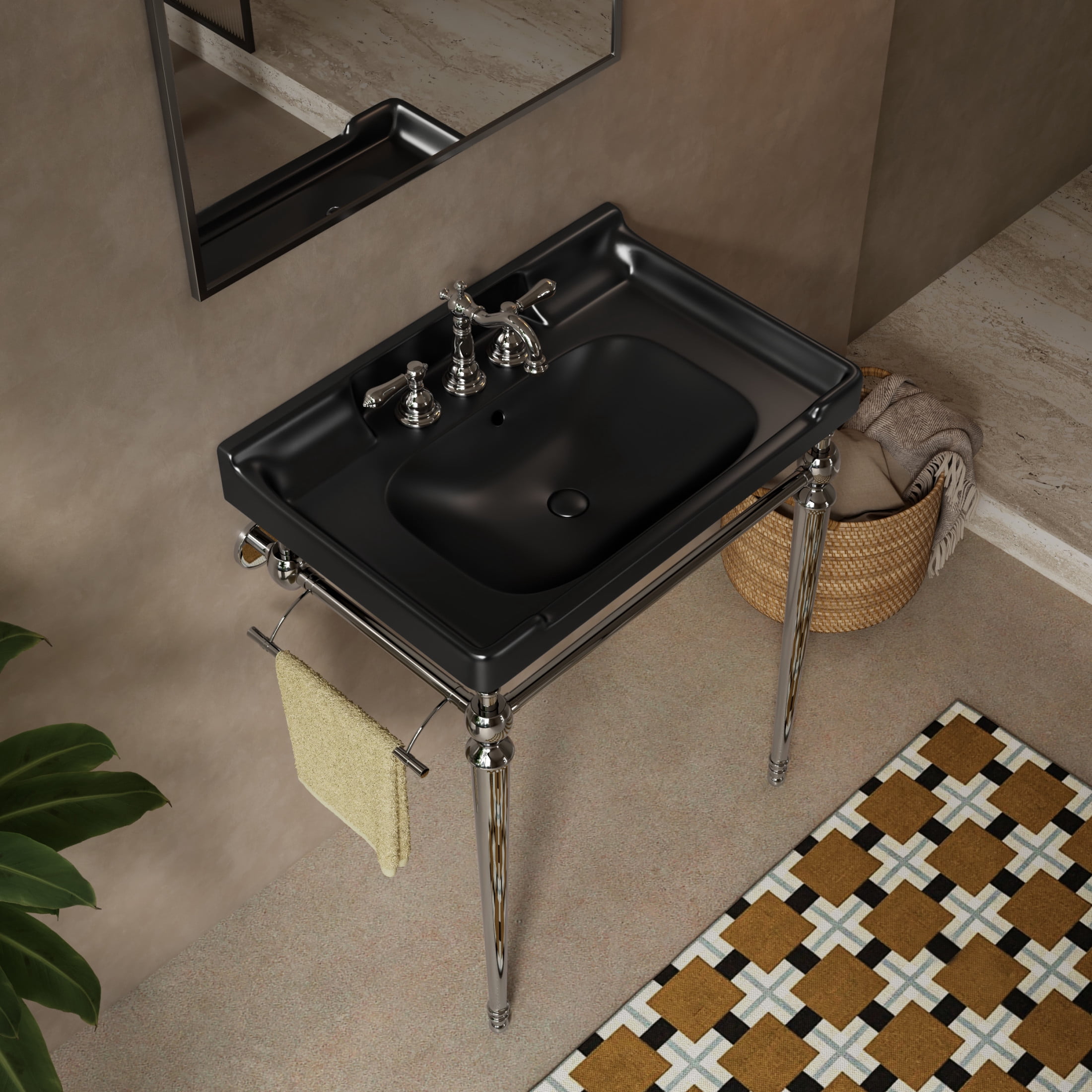 Noble House VICI 28" Bathroom Console Sink, Wall-Mounted Ceramic Basin Vanity with Stainless Steel Legs, Black & Chrome