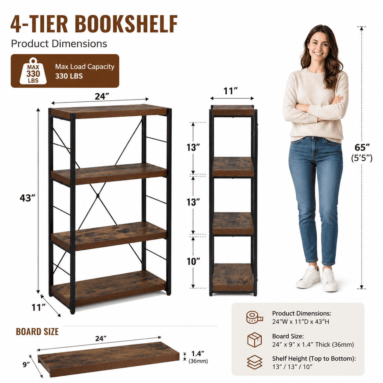 MOONMISS 4-Tier Open Bookshelf,Weathered Wood Finish & Powder-Coated Black Metal,Durable Fixed Shelves,Compact Storage Rack for Small Spaces,24''Wide x 43'' Tall