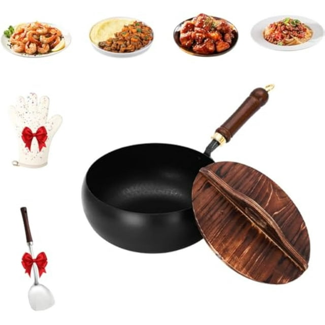Jinswhdre Cast Iron Skillet, Hand-Forged Uncoated Non-Stick Frying Pan,Multi-purpose Frying Wok with Spatula and Wooden Lid, Flat Bottom Wok for Electric, Induction,Gas Stoves (B, 9.45 in)