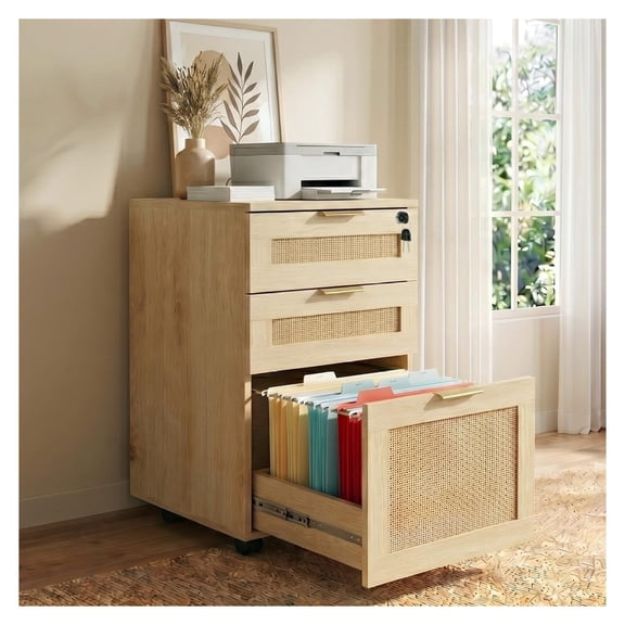 3 Drawer File Cabinet with Lock, Small Rattan