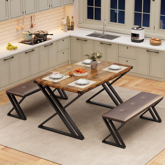 EDTara Kitchen Table Set with 2 Upholstered Benches, Z-Shaped Leg Kitchen Table Set for 4 3 Piece Dining Table Set for Small Space Saving Space for Kitchen, Dining Room, Small Space Apartment