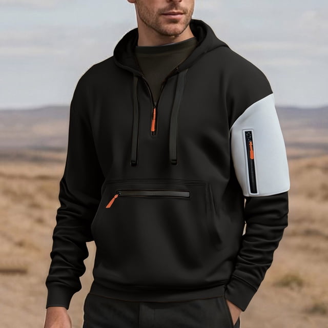 Dolkfu Sudadera con capucha de color contrastante para hombres, sudadera con capucha para hacer ejercicio, camiseta con múltiples bolsillos con cremallera para hombres. S