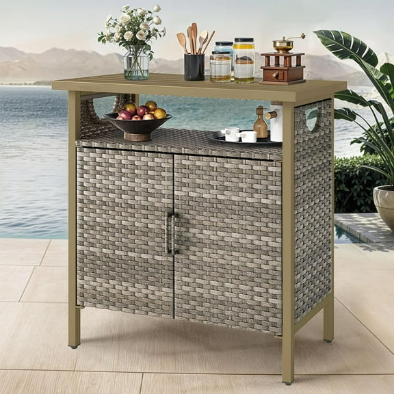GOOBED Outdoor Bar Table,Patio Storage Cabinet with PE Rattan,Outdoor Sideboard with Two Doors and Shelves,Patio Bar for Backyard,Garden - Light Brown