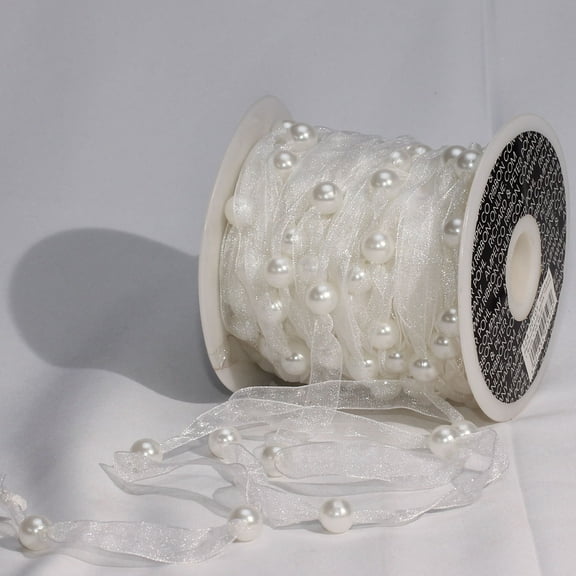 White Organdy with Pearls Tulle Craft Ribbon 0.25" x 27 Yards