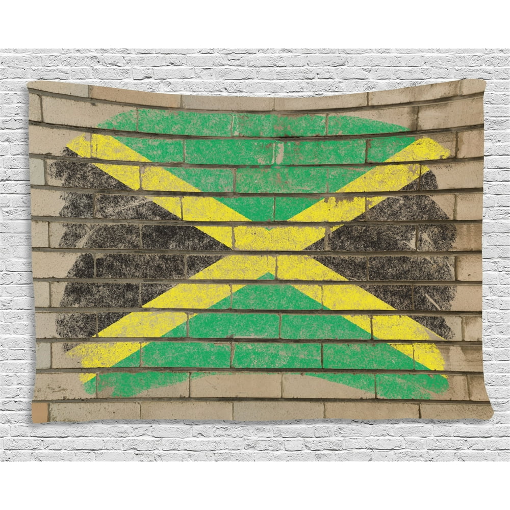 Jamaican Tapestry, Flag on the Wall Illustration with Chalk Effect Old